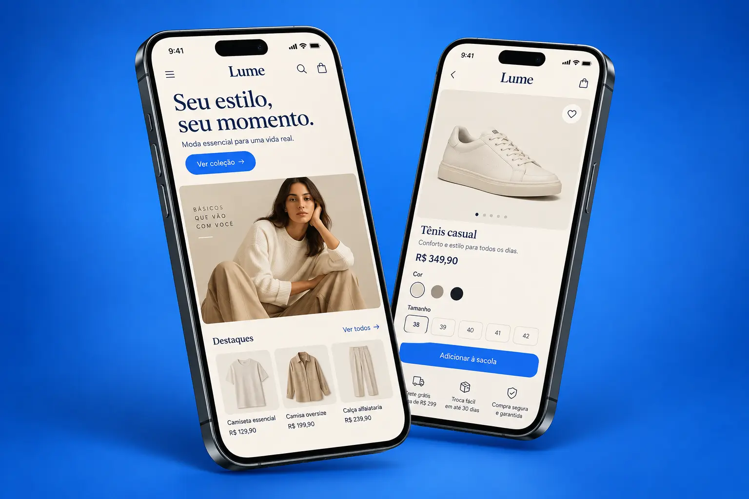 Telas conceituais de um aplicativo de moda em dois celulares, mostrando a vitrine de produtos e a página de um tênis.